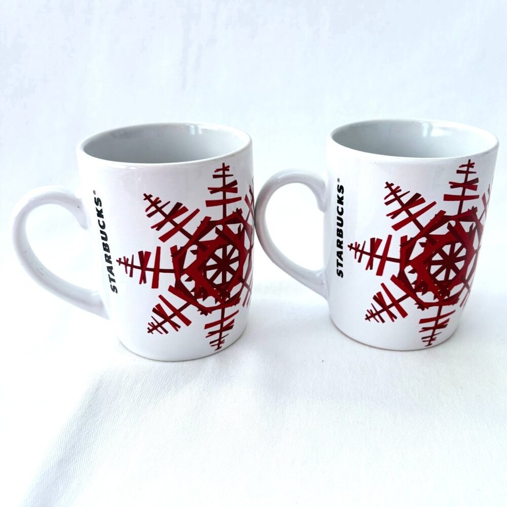 Starbucks 2012 Holiday Christmas Snowflake Red & White Coffee Cup Mug Lot of 2‎
